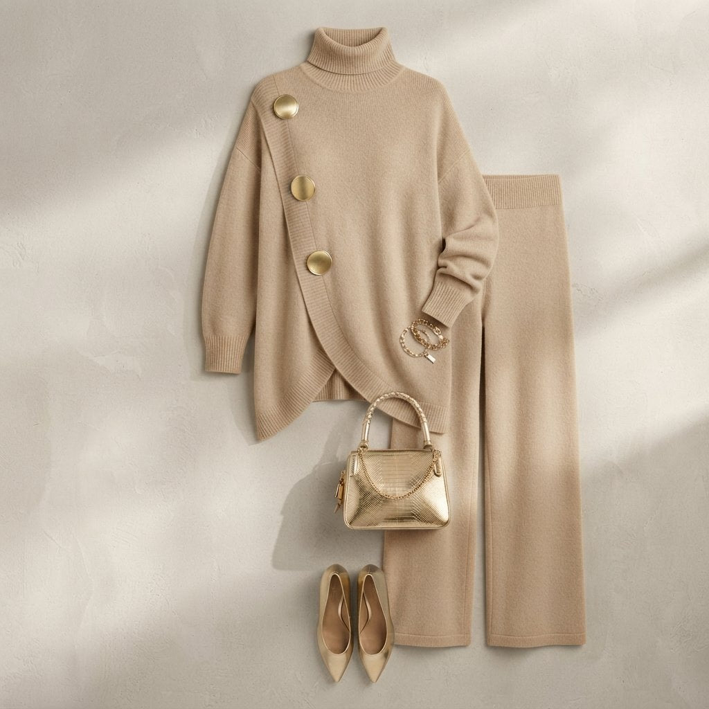 Turtleneck Sweater and Wide-Leg Trousers Knit Set — Beige