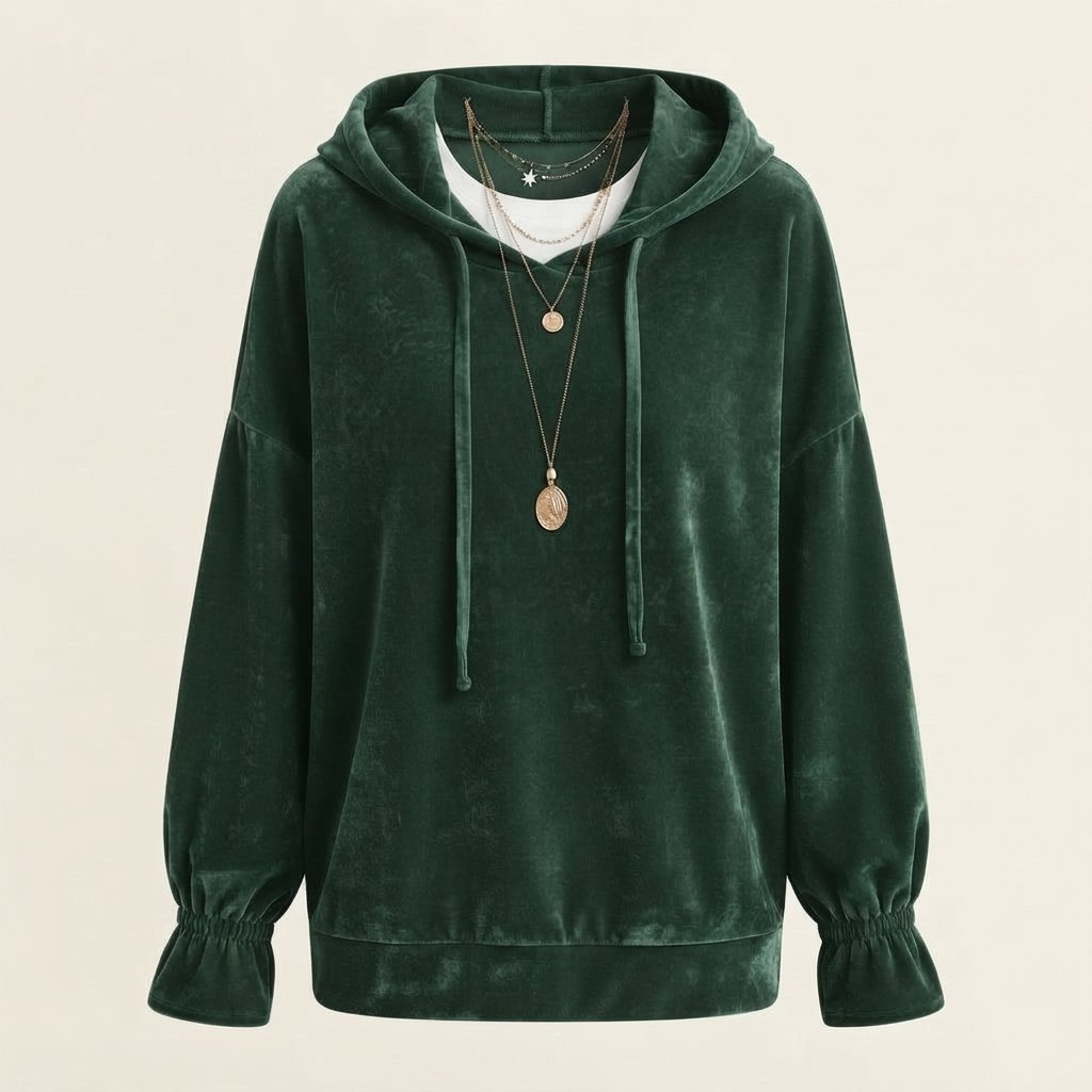 Velvet Relaxed Hoodie with Ruffle Cuffs — Green