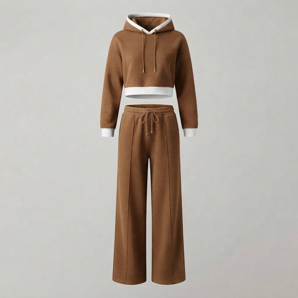 Hoodie & Wide-Leg Trousers Two-Piece Loungewear Set — Brown
