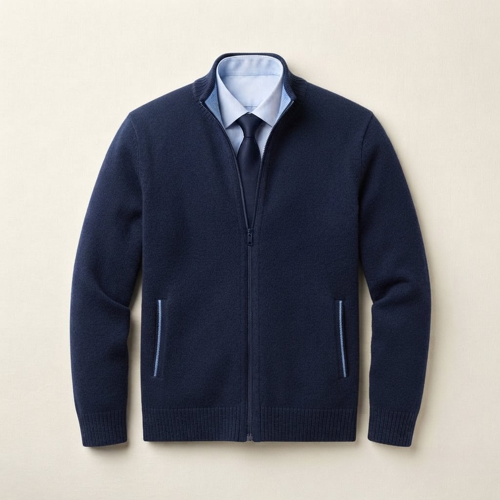 Men's Full-Zip Knit Cardigan – Smart Casual Sweater Jacket — Navy Blue