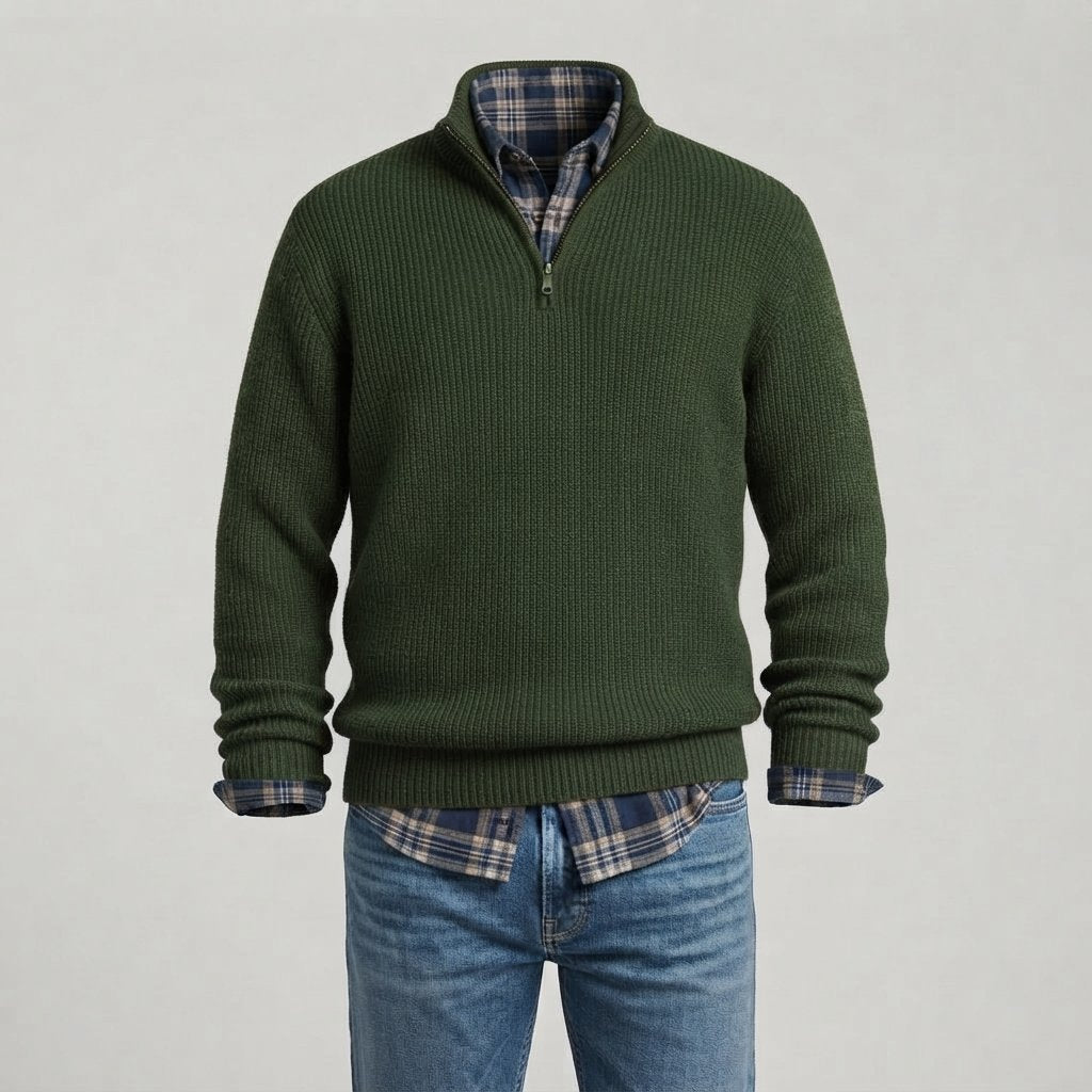Men's Ribbed Quarter-Zip Cashmere Sweater, Regular Fit — Green