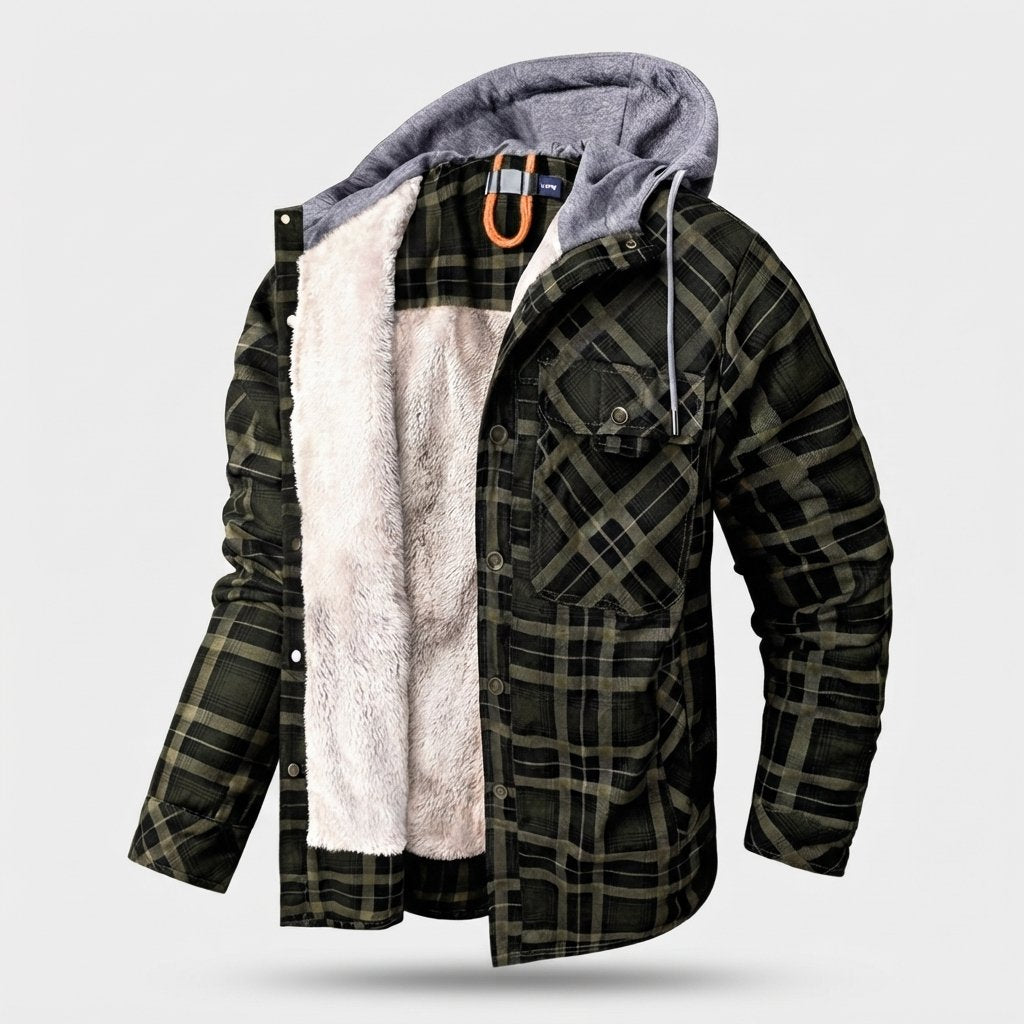 Men's Sherpa-Lined Plaid Hooded Jacket — Army Green