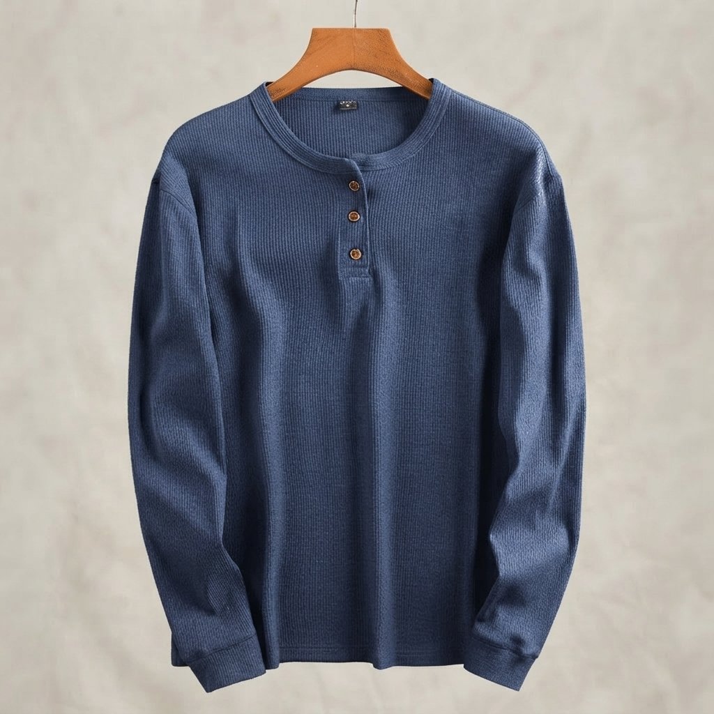 Men's Waffle Knit Henley Top, Long Sleeve — Navy Blue