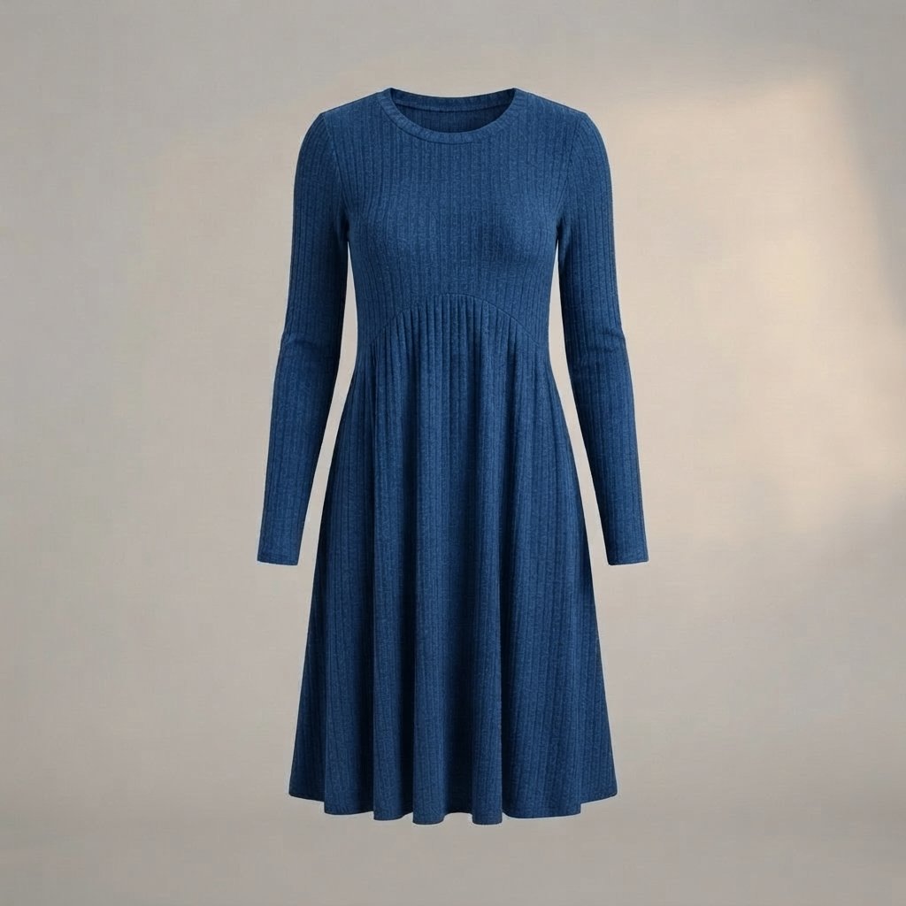 Ribbed Knit High-Waist A-Line Midi Dress with Pockets — Blue
