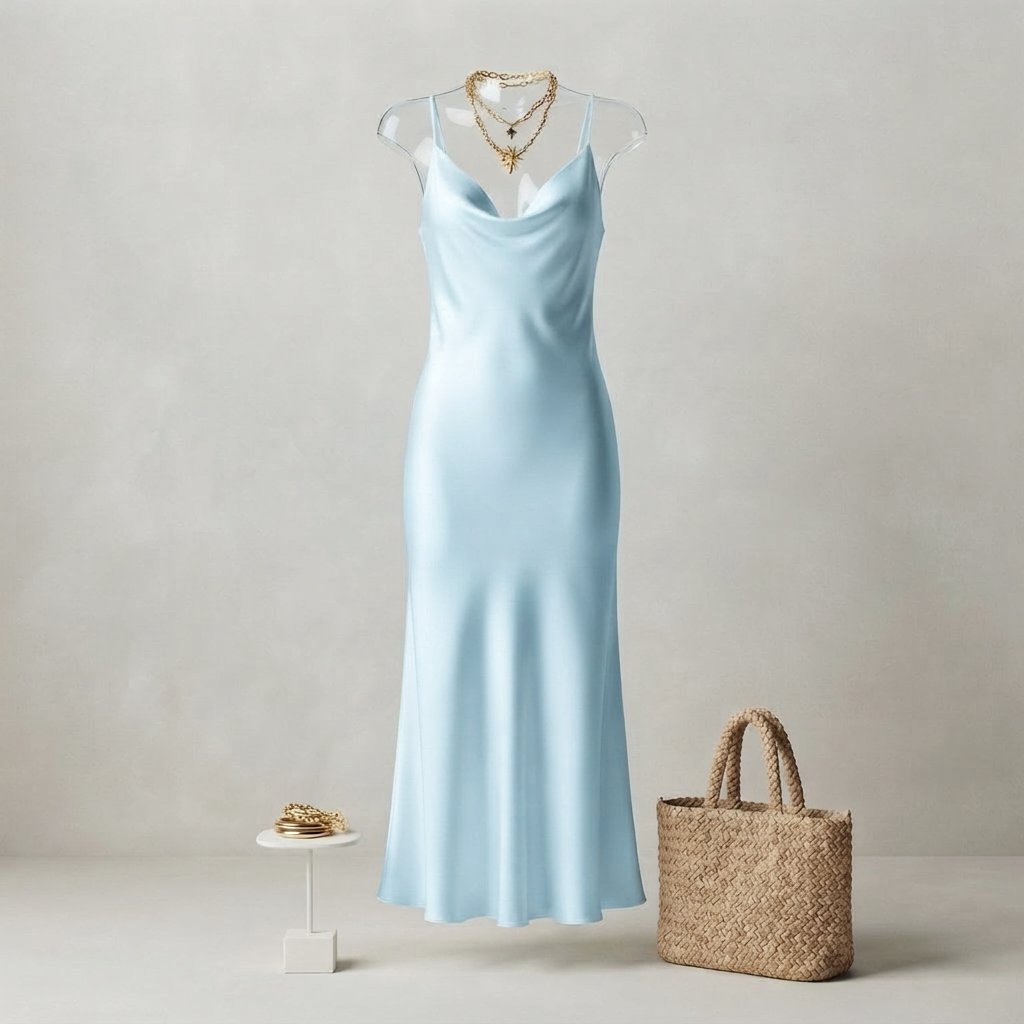 Satin Midi Dress & Knit Sweater Two-Piece Set — Light Blue