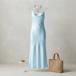 Satin Midi Dress & Knit Sweater Two-Piece Set — Light Blue