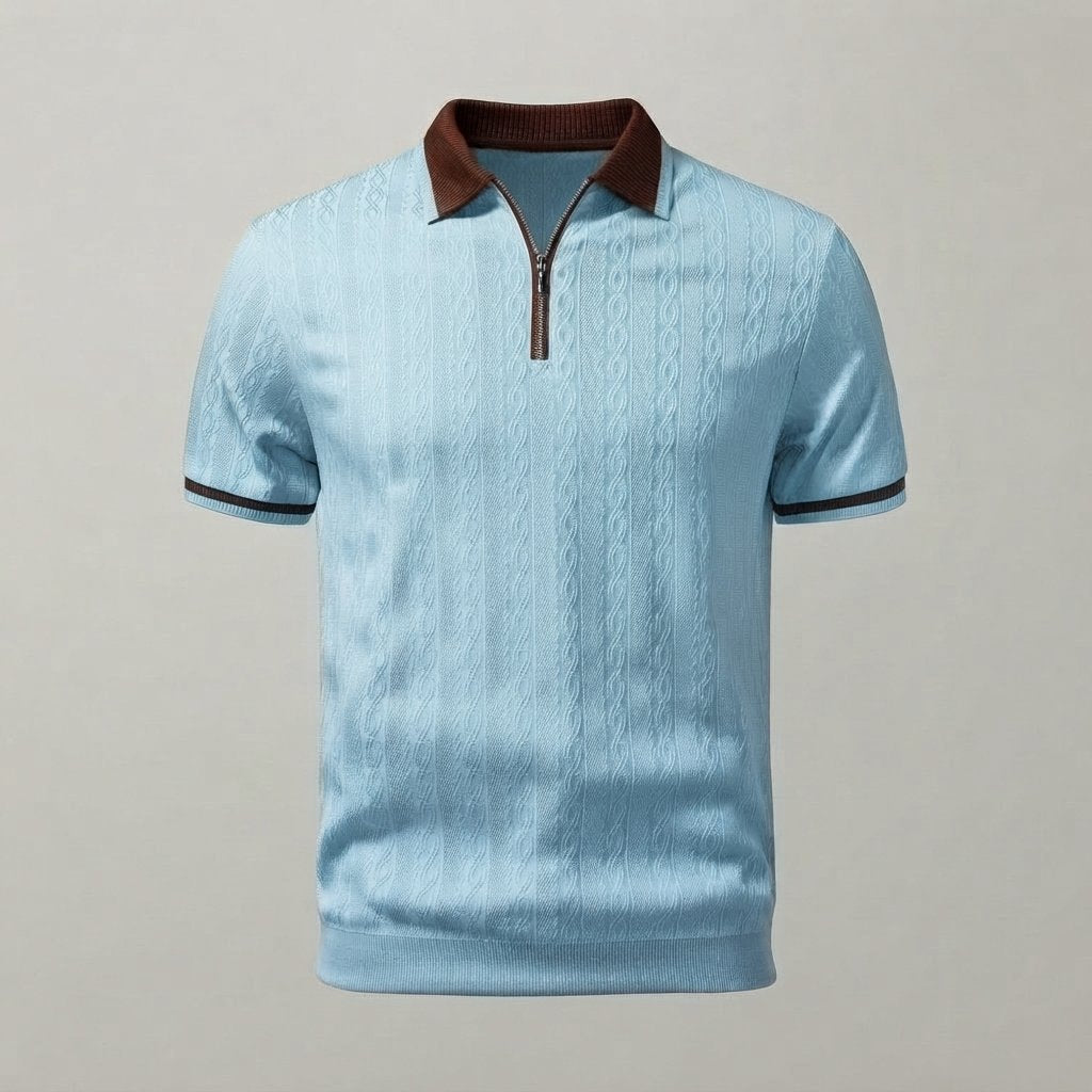 Textured Knit Quarter-Zip Polo Shirt, Tailored Fit — Light Blue
