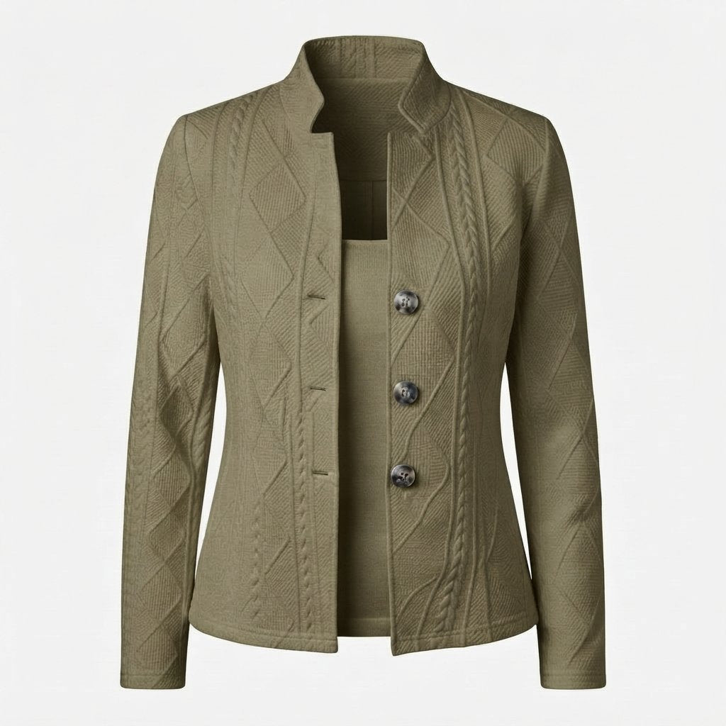 Textured Knit Stand-Collar Blazer Cardigan — Khaki