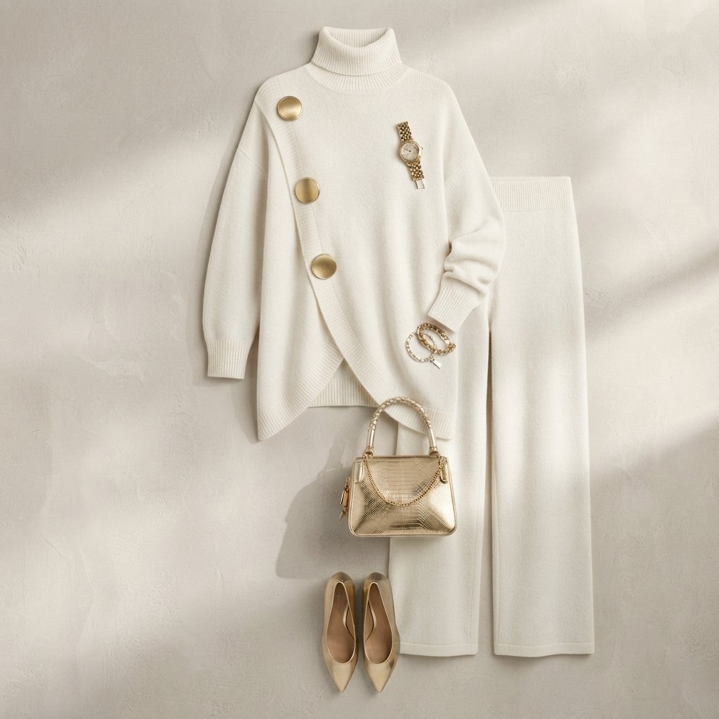 Turtleneck Sweater and Wide-Leg Trousers Knit Set — Ivory