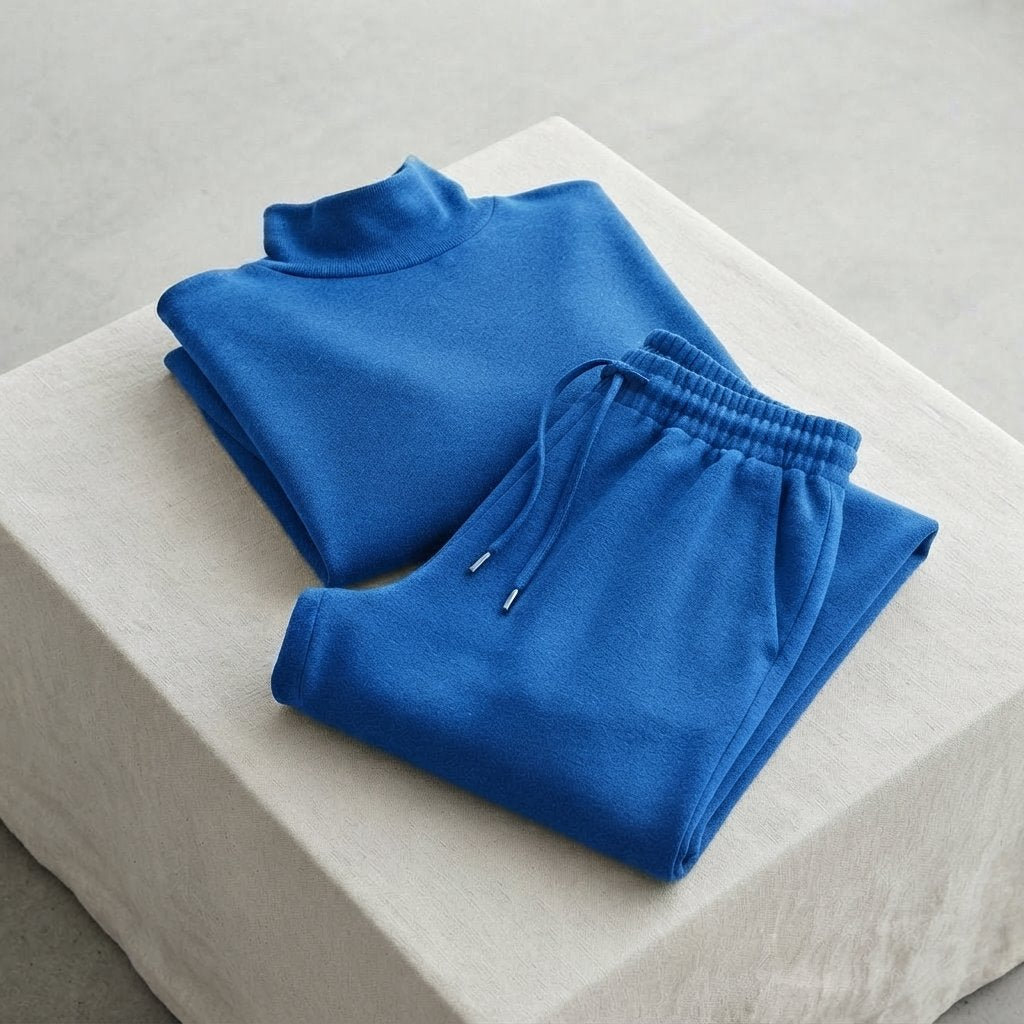 Turtleneck & Wide-Leg Trousers Two-Piece Set — Blue