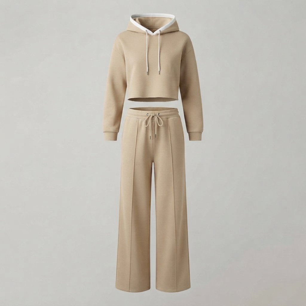 Hoodie & Wide-Leg Trousers Two-Piece Loungewear Set — Beige