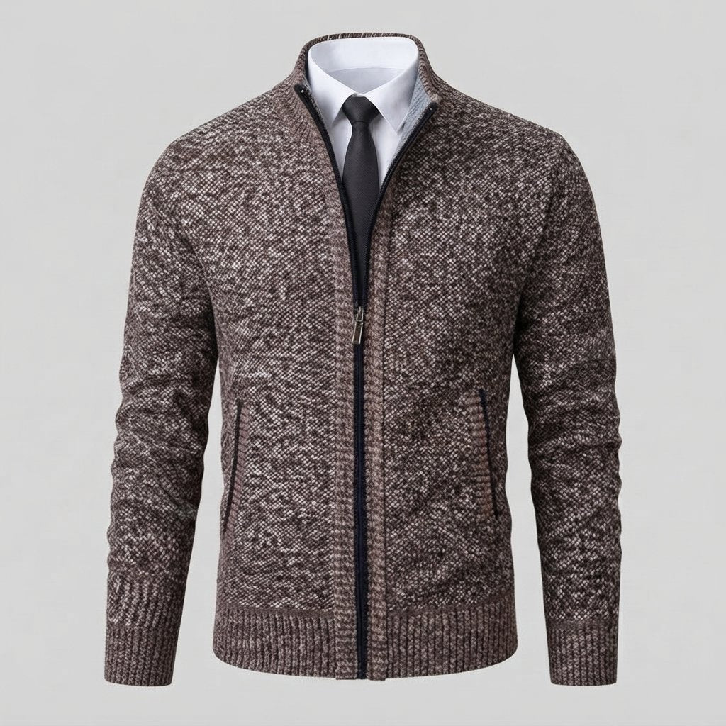 Men's Full-Zip Mock Neck Knit Cardigan Sweater — Coffee