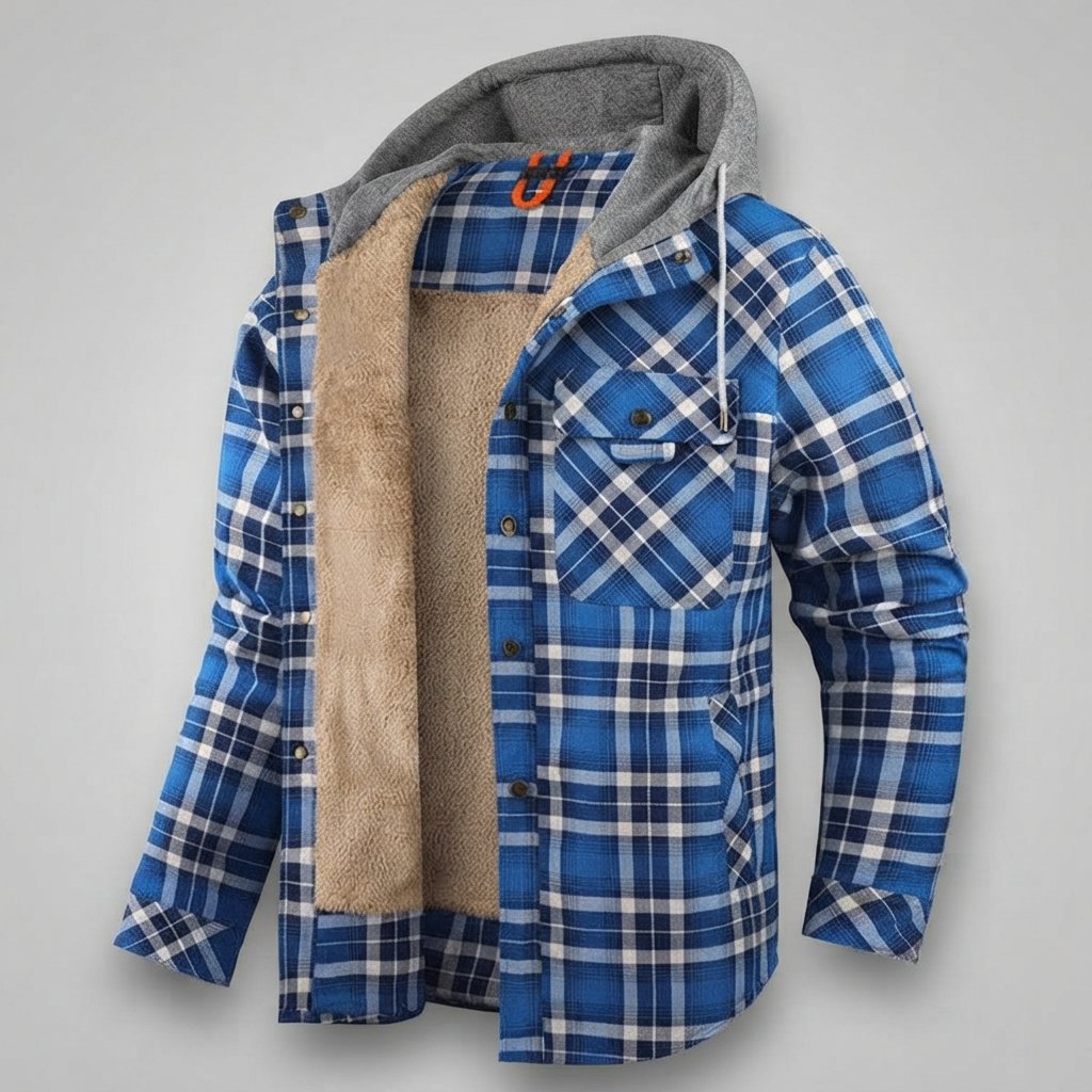 Men's Sherpa-Lined Plaid Hooded Jacket — Blue