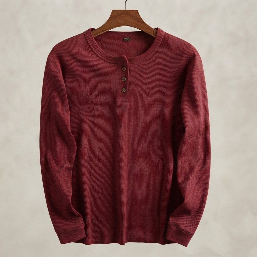 Men's Waffle Knit Henley Top, Long Sleeve — Wine Red