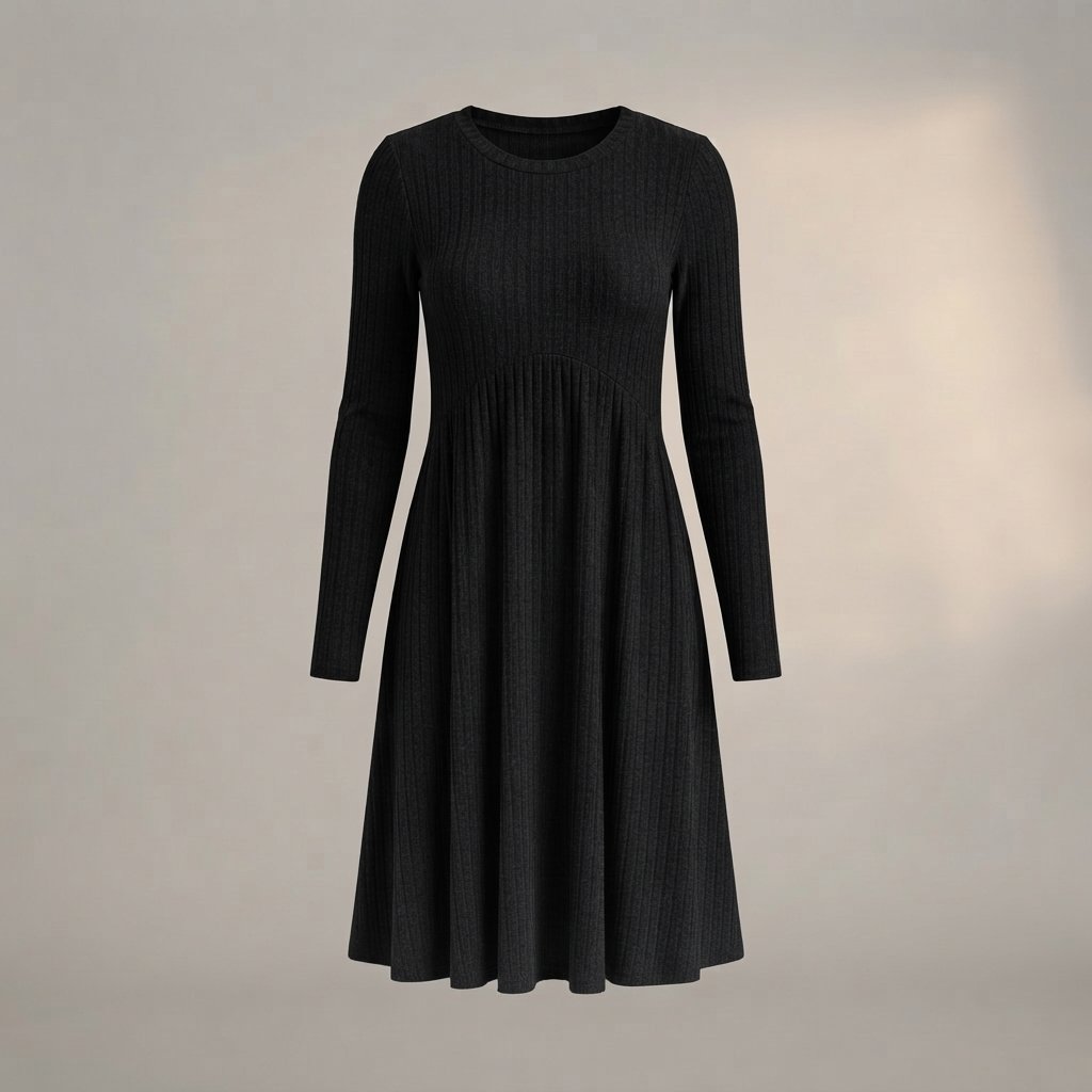 Ribbed Knit High-Waist A-Line Midi Dress with Pockets — Black