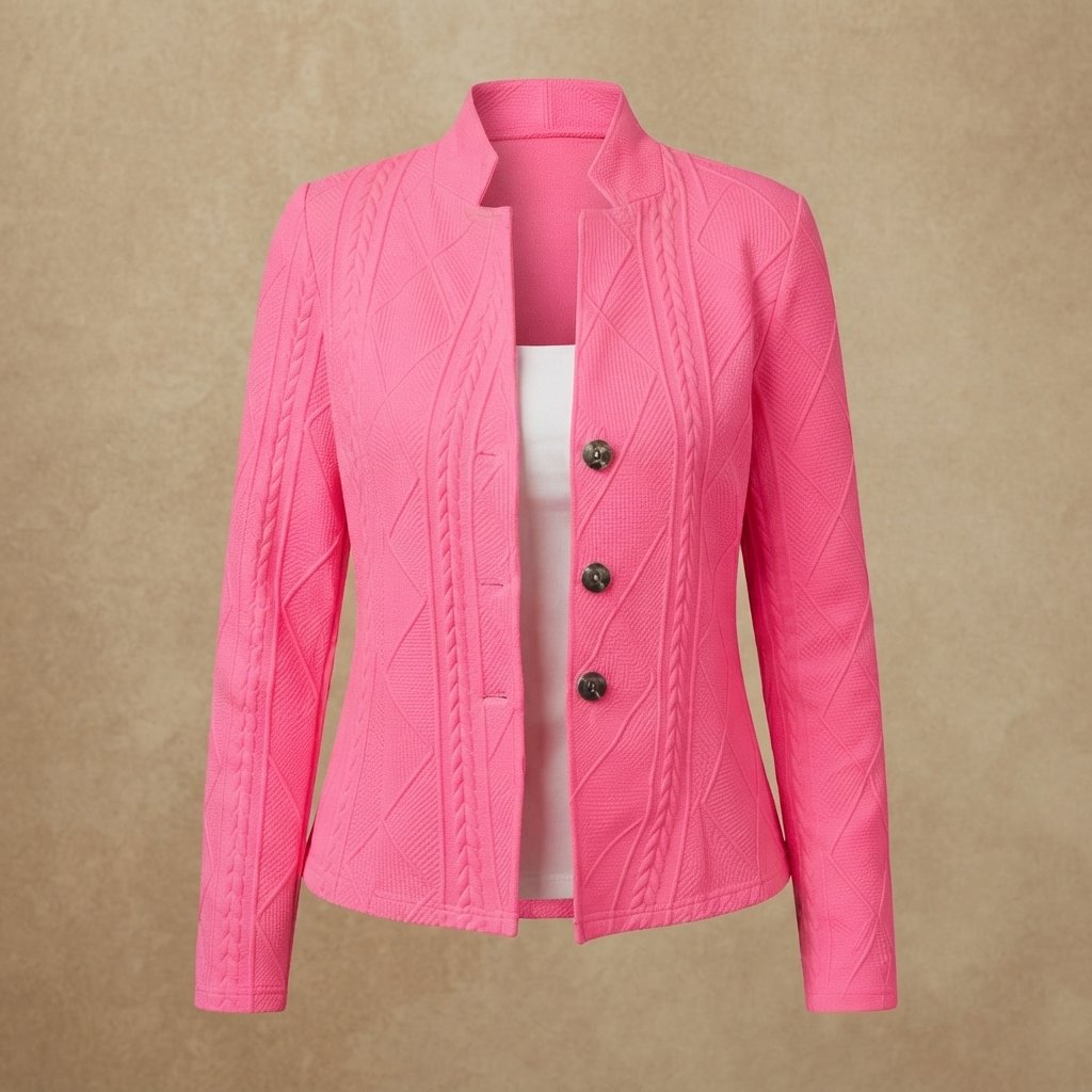 Textured Knit Stand-Collar Blazer Cardigan — Rose red