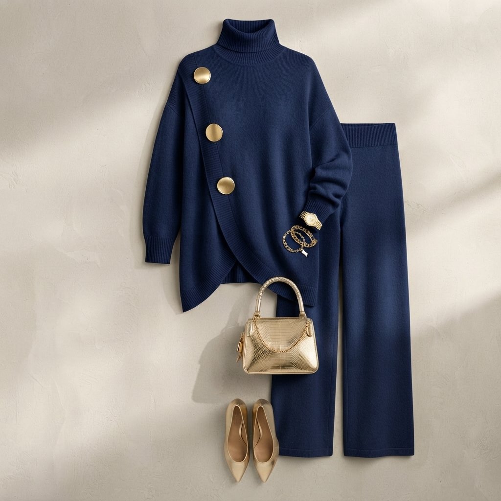 Turtleneck Sweater and Wide-Leg Trousers Knit Set — Navy