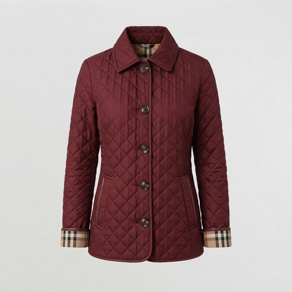 Women's Quilted Jacket with Collar and Button Front — Wine Red