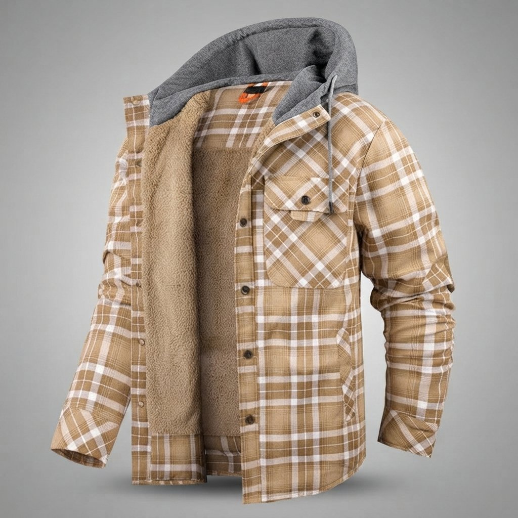 Men's Sherpa-Lined Plaid Hooded Jacket — Khaki