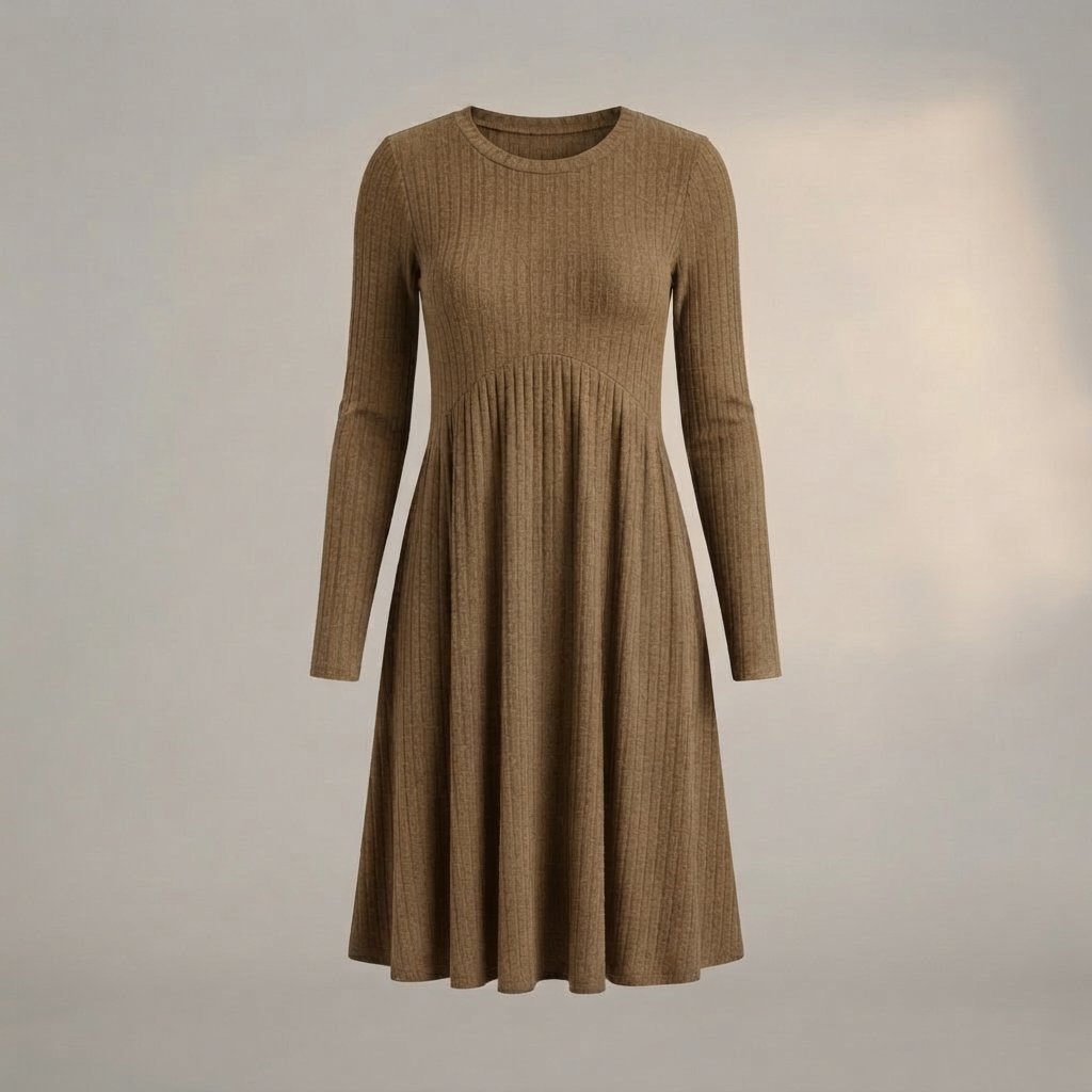 Ribbed Knit High-Waist A-Line Midi Dress with Pockets — Khaki