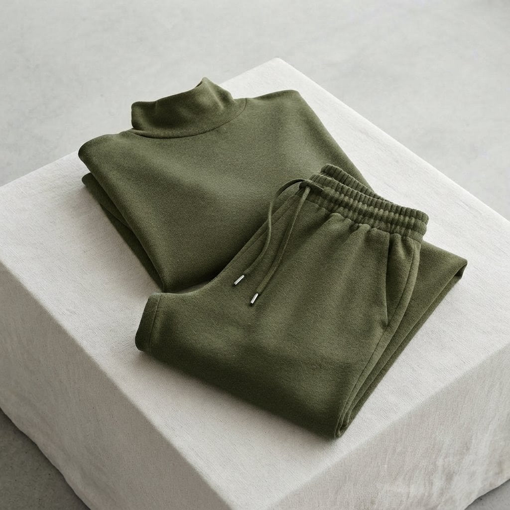 Turtleneck & Wide-Leg Trousers Two-Piece Set — Olive Green