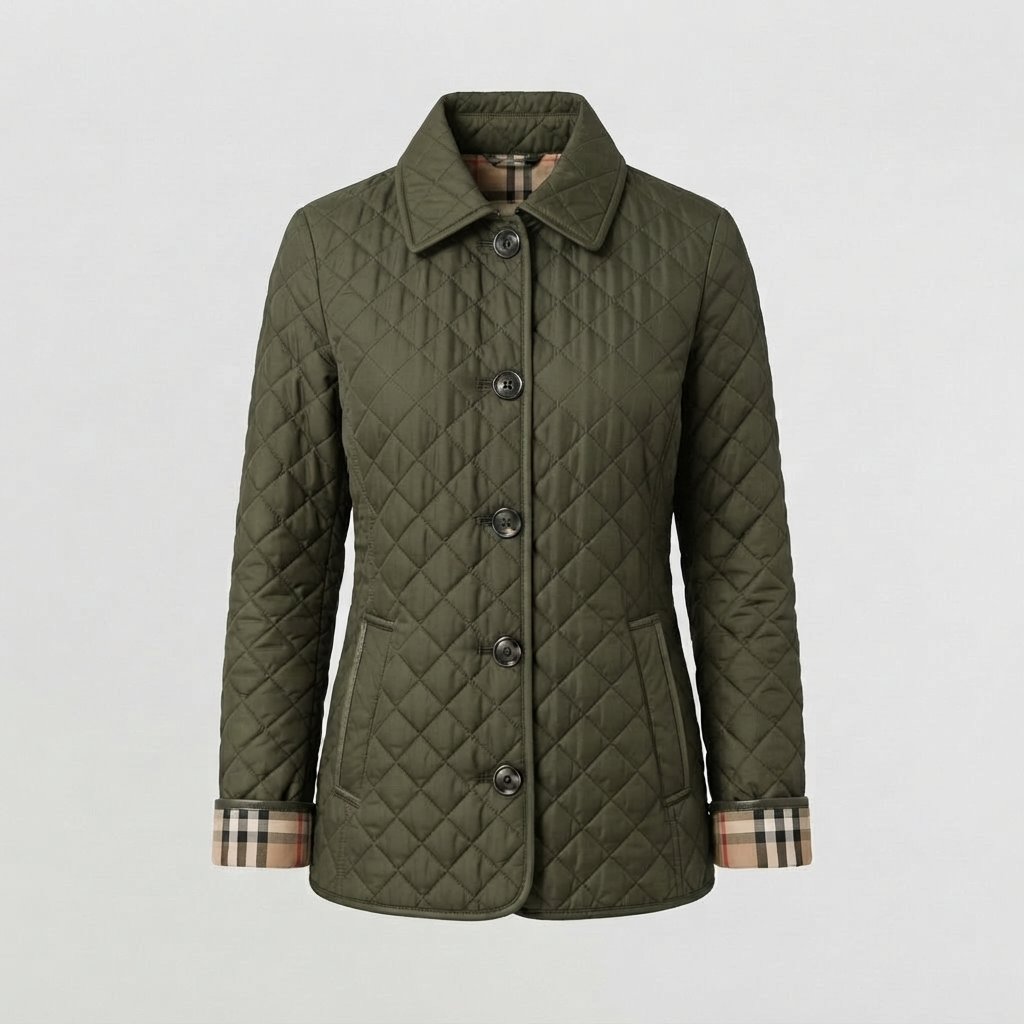 Women's Quilted Jacket with Collar and Button Front — Olive Green