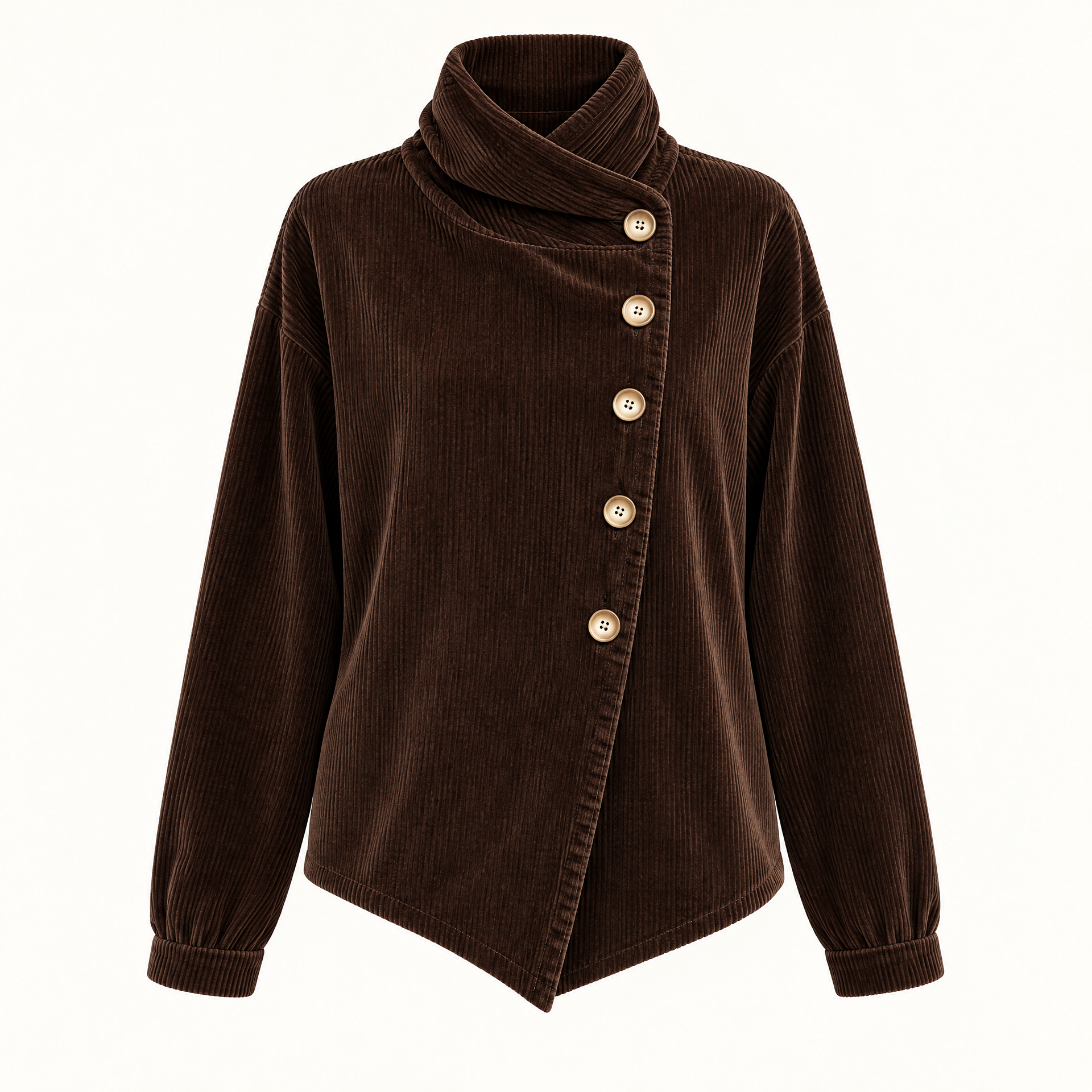 Corduroy Funnel Collar Top with Asymmetric Button Fastening