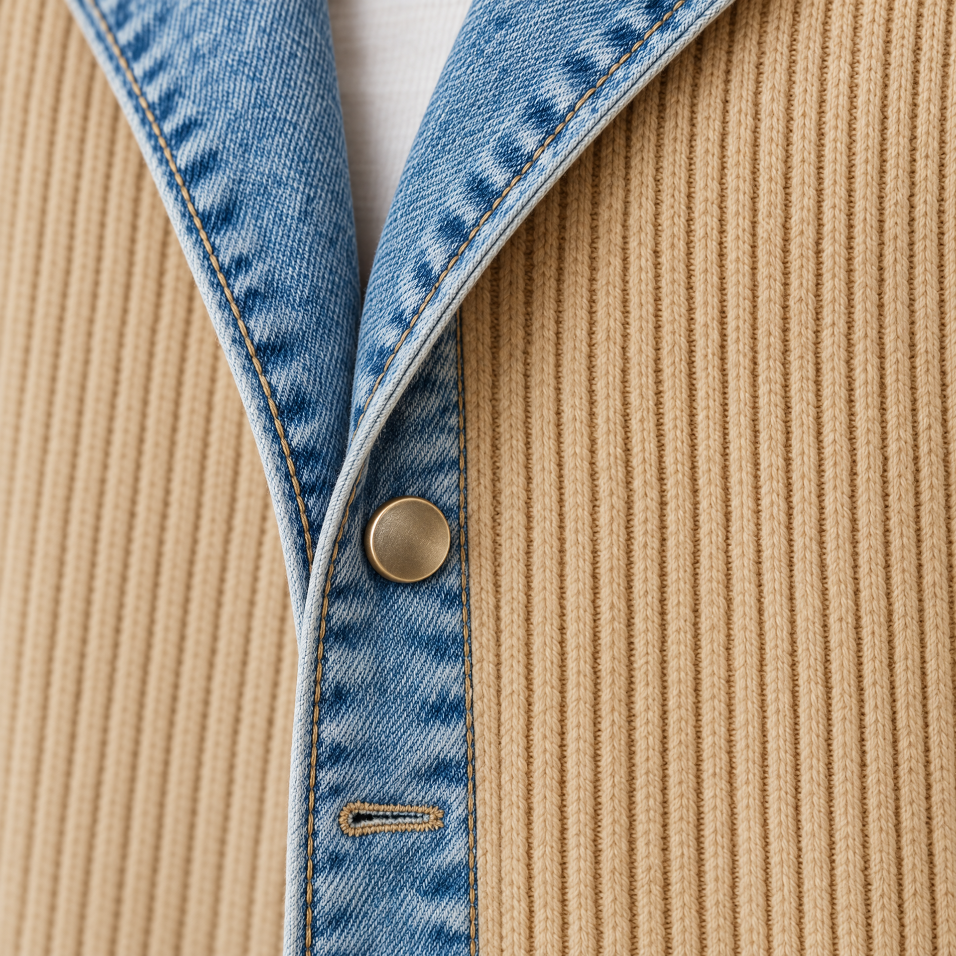 Ribbed Knit Longline Coat with Denim Panels