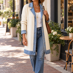 Ribbed Knit Longline Coat with Denim Panels