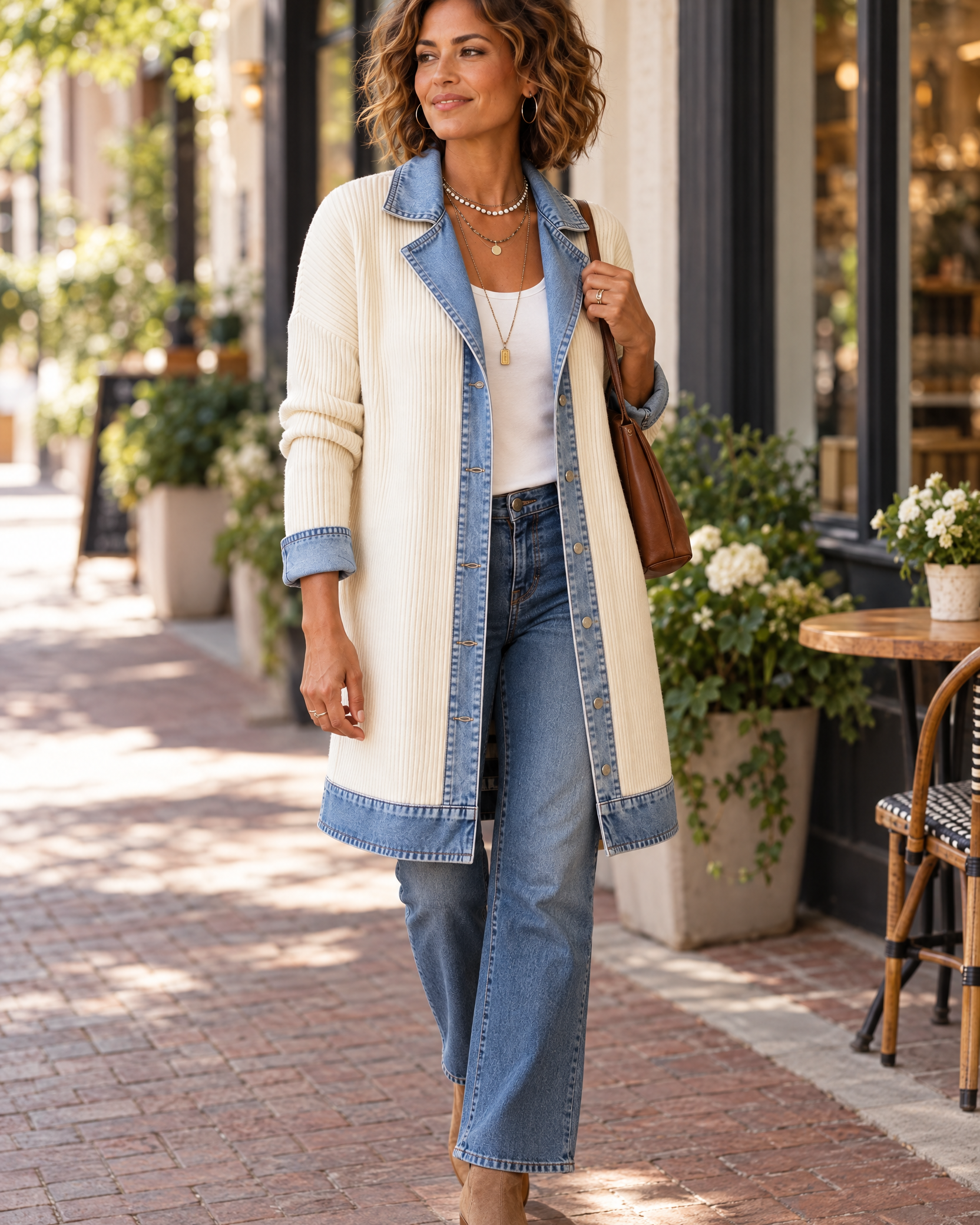 Ribbed Knit Longline Coat with Denim Panels
