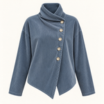 Corduroy Funnel Collar Top with Asymmetric Button Fastening