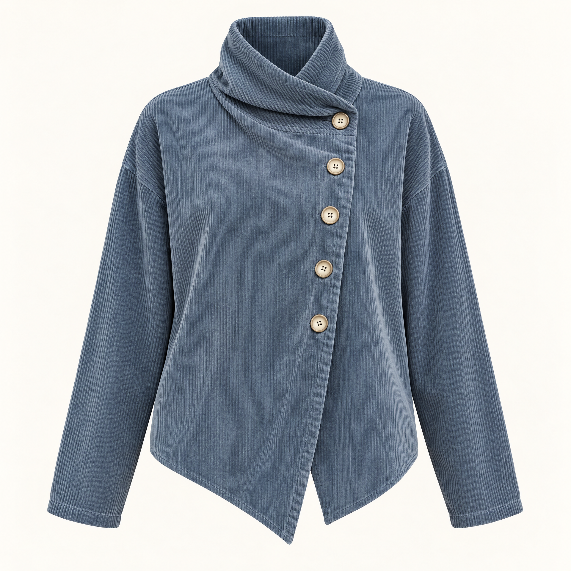 Corduroy Funnel Collar Top with Asymmetric Button Fastening