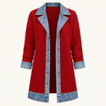 Ribbed Knit Longline Coat with Denim Panels