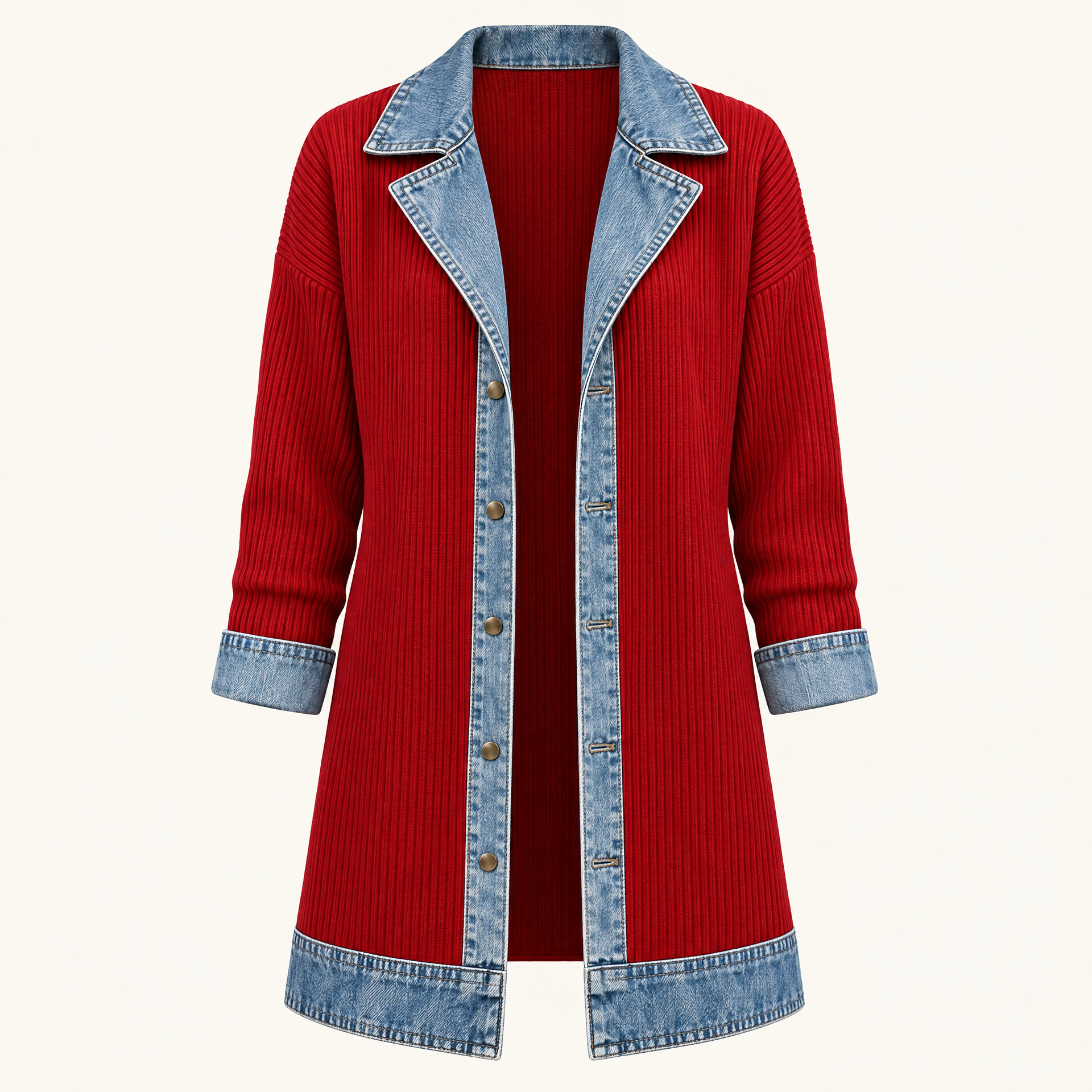 Ribbed Knit Longline Coat with Denim Panels