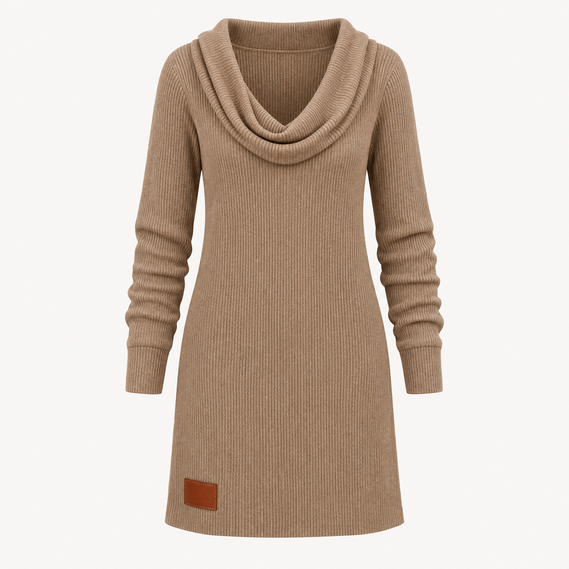 Relaxed Fit Cowl Neck Ribbed Knit Polyester Sweater Dress