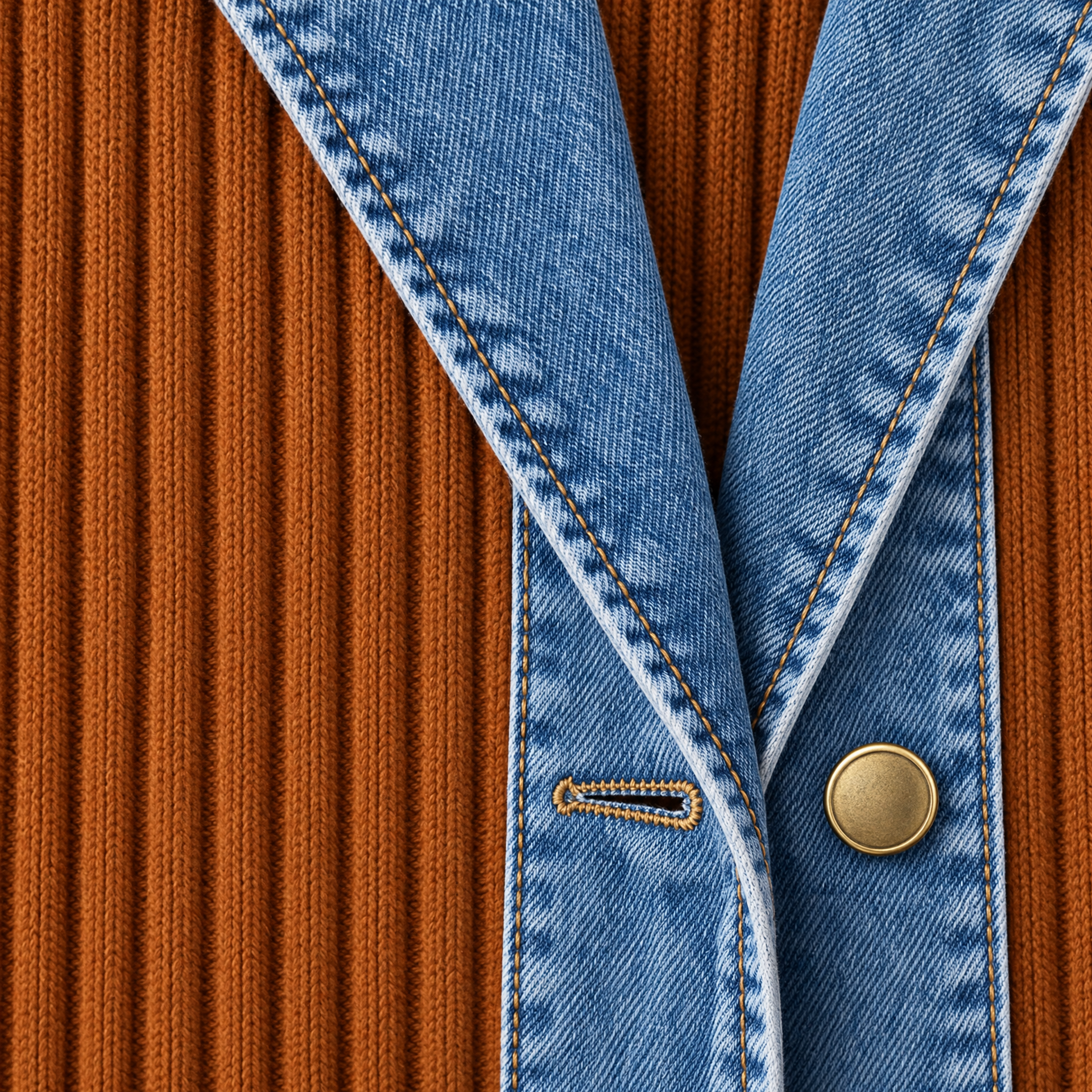 Ribbed Knit Longline Coat with Denim Panels