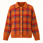 Plaid Polyester Knit Shirt Collar Cardigan