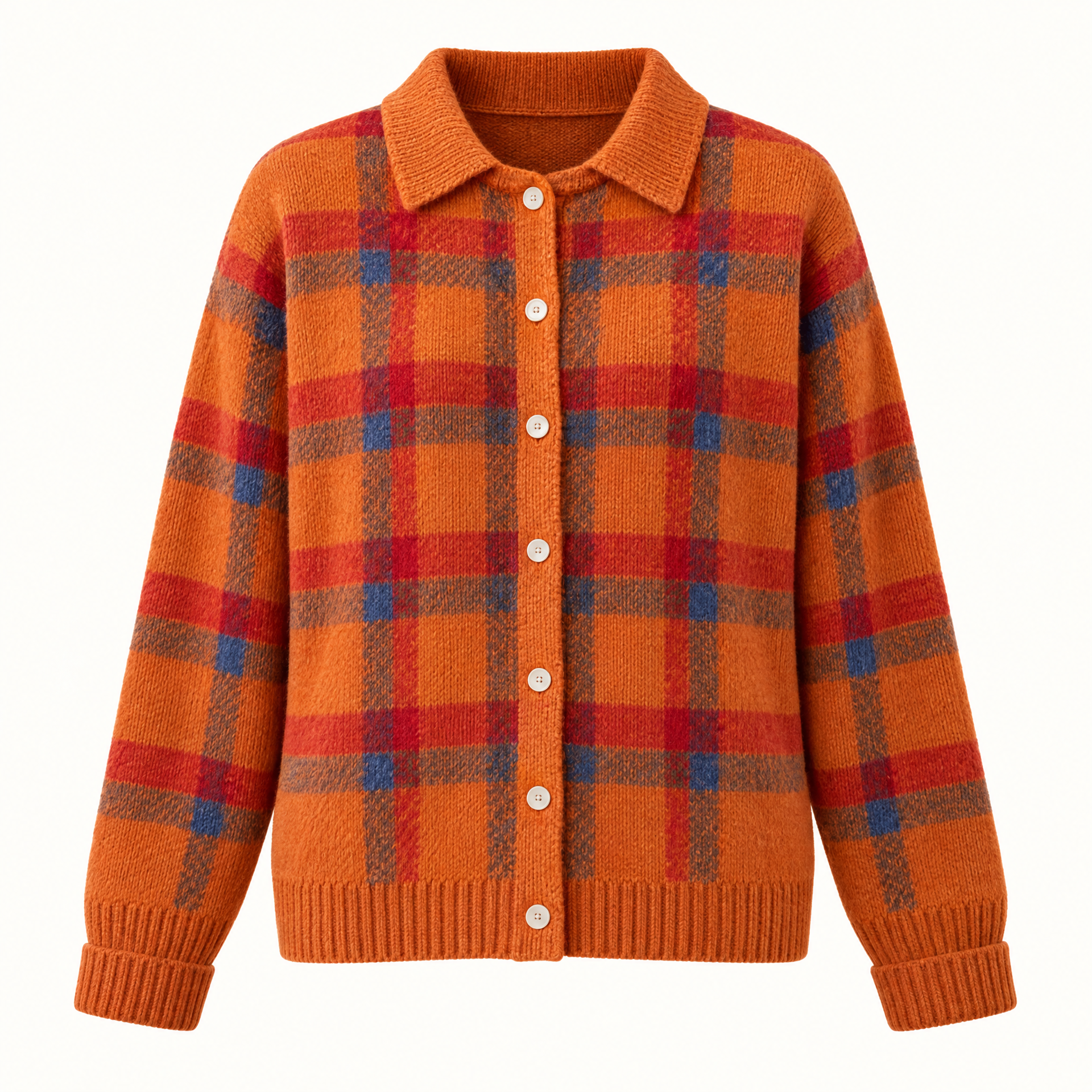 Plaid Polyester Knit Shirt Collar Cardigan
