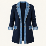 Ribbed Knit Longline Coat with Denim Panels