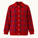 Plaid Polyester Knit Shirt Collar Cardigan