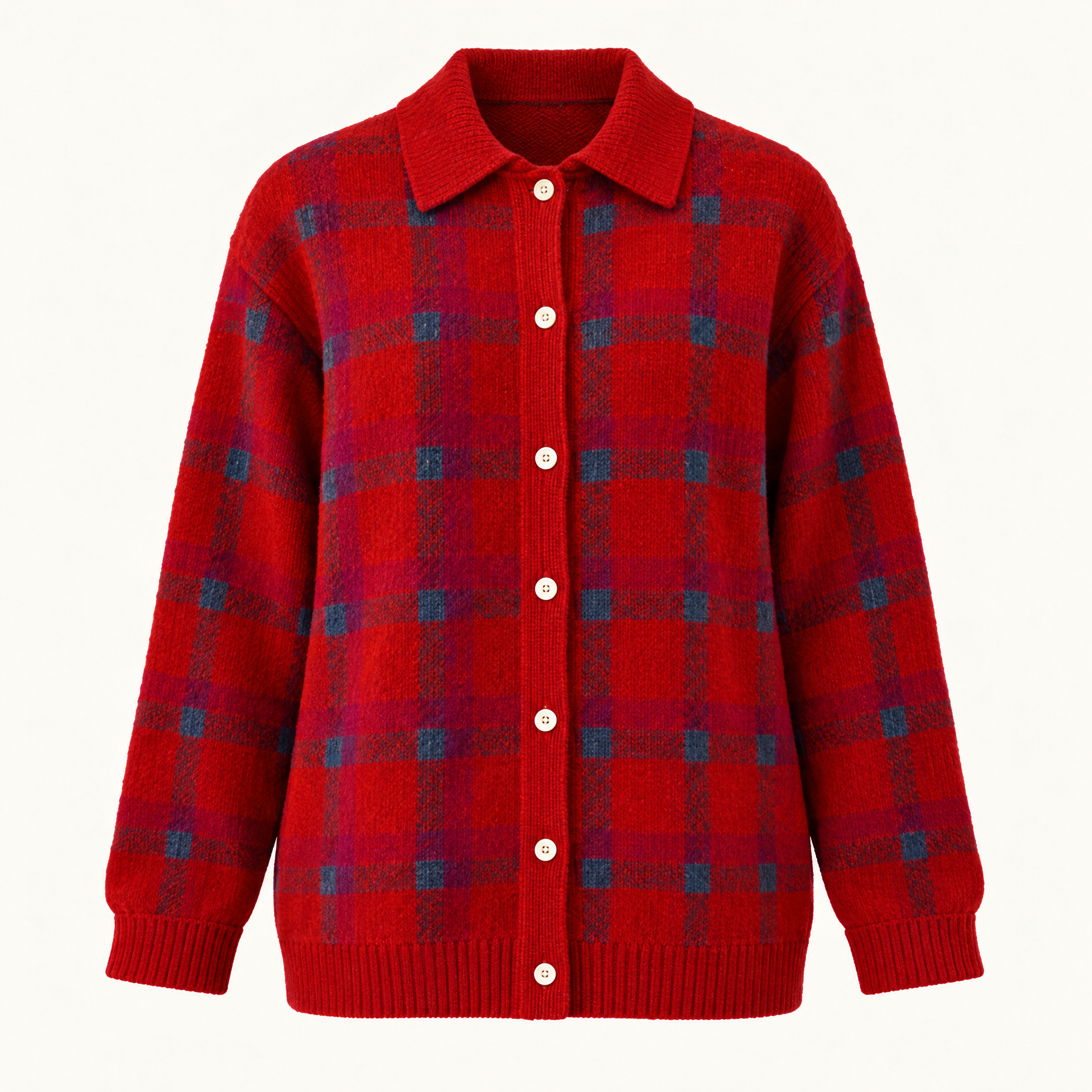 Plaid Polyester Knit Shirt Collar Cardigan
