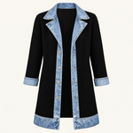 Ribbed Knit Longline Coat with Denim Panels