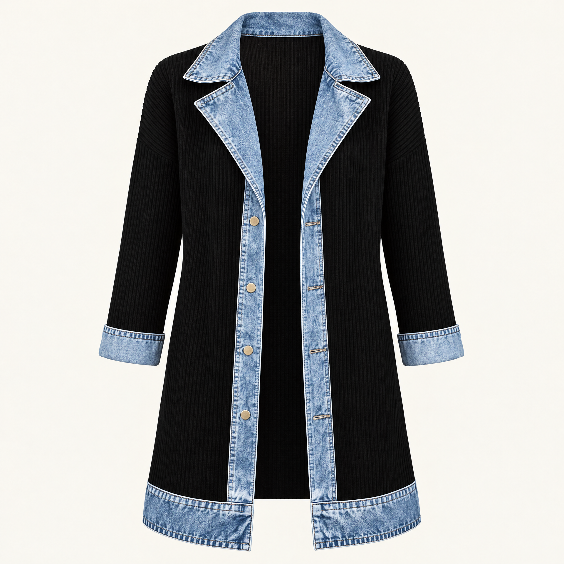Ribbed Knit Longline Coat with Denim Panels