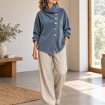 Corduroy Funnel Collar Top with Asymmetric Button Fastening