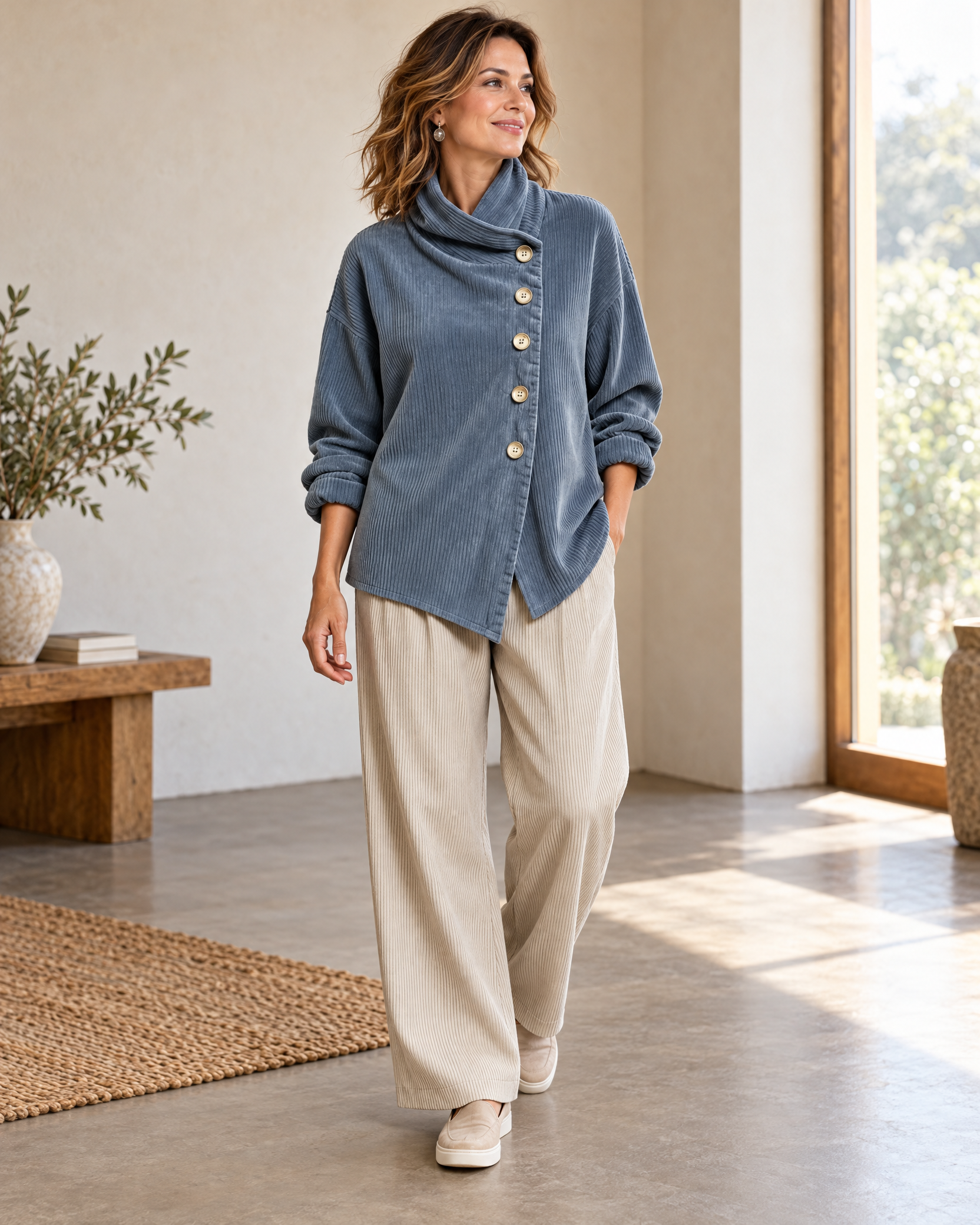 Corduroy Funnel Collar Top with Asymmetric Button Fastening