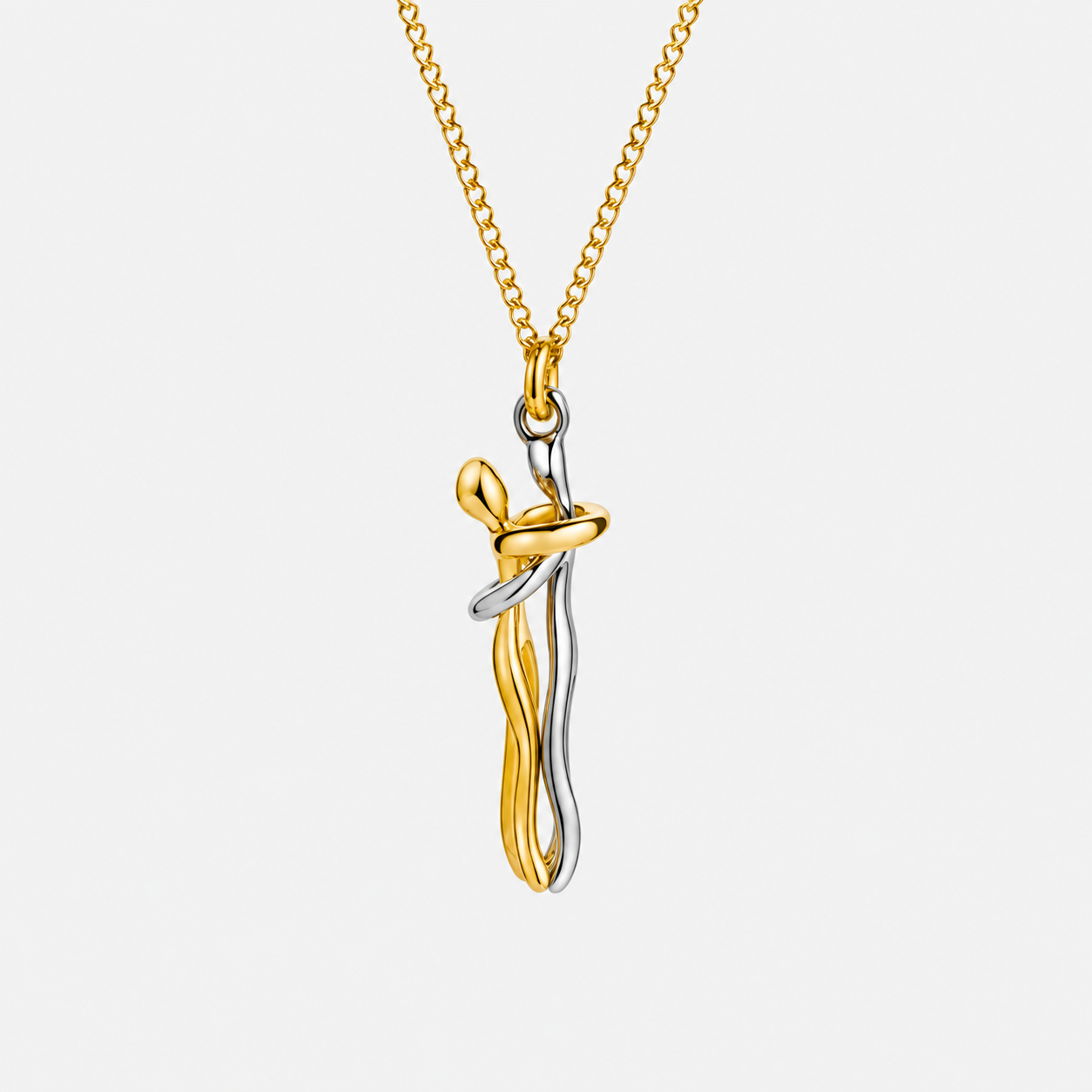 Hug Necklace in Gold and Silver with interwoven embrace pendant
