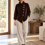 Corduroy Funnel Collar Top with Asymmetric Button Fastening