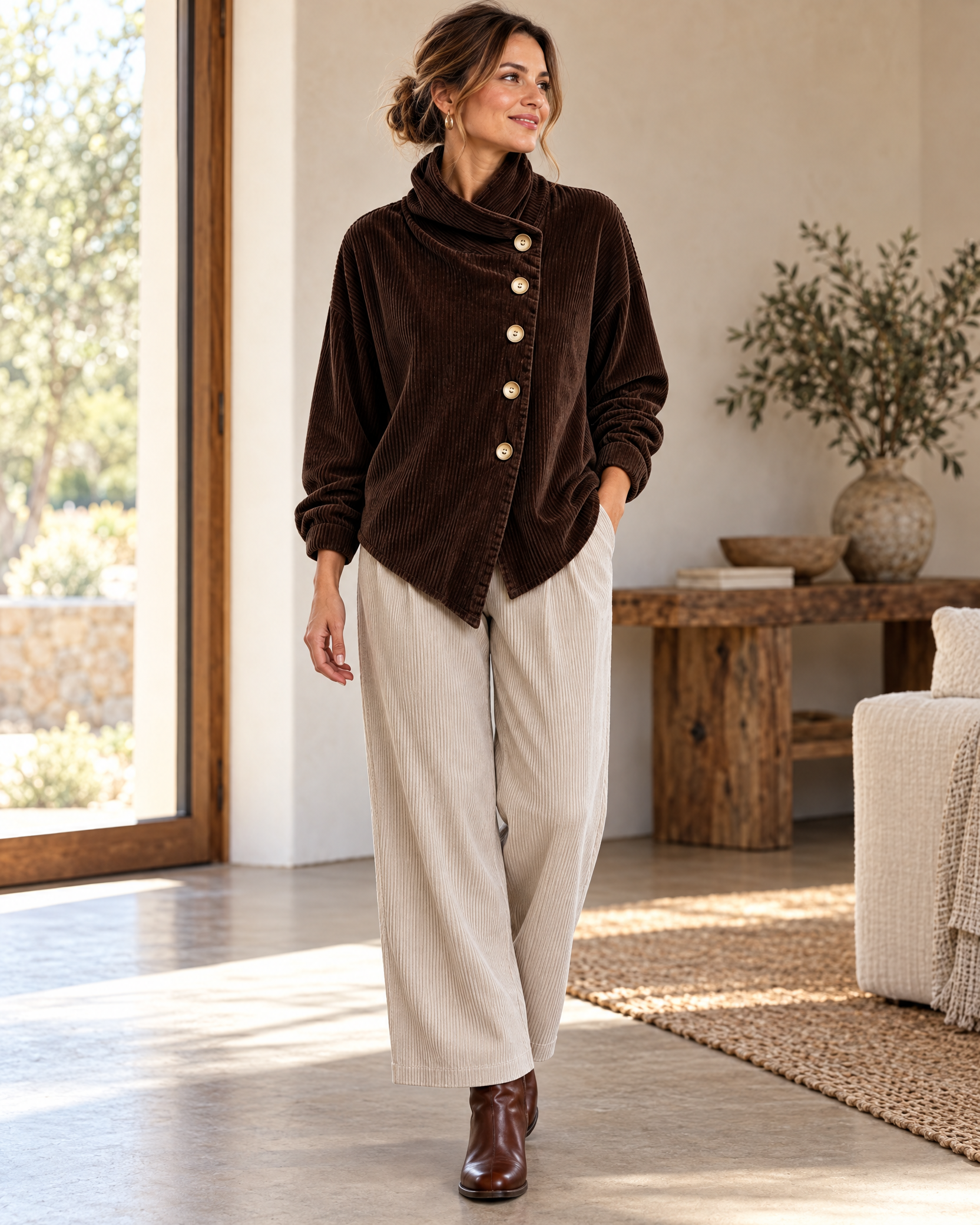 Corduroy Funnel Collar Top with Asymmetric Button Fastening