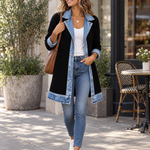 Ribbed Knit Longline Coat with Denim Panels