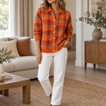 Plaid Polyester Knit Shirt Collar Cardigan